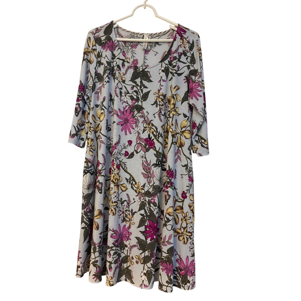 Discount Divas Boutique Floral Swing Dress Pockets Blue Pink 3/4 Sleeve Medium